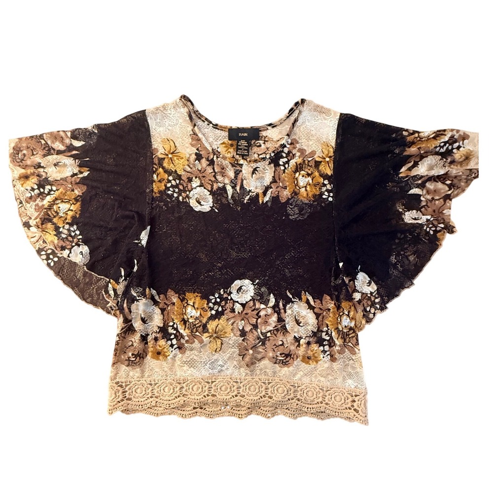 Rain Womens S Floral Sheer Lace Butterfly Sleeve Crochet Top Black Boho Fairy